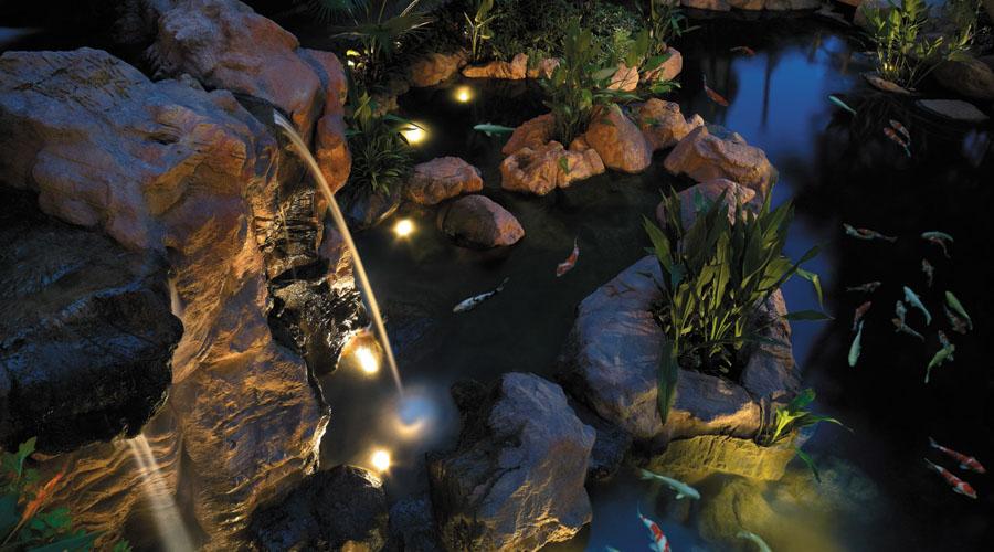 Garden Wing Waterfall and Koi Pond by Night